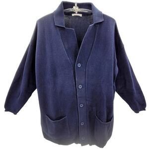 Joan Vass Blue Knit Button Up Pockets Oversized‎ Cardigan Sweater Top